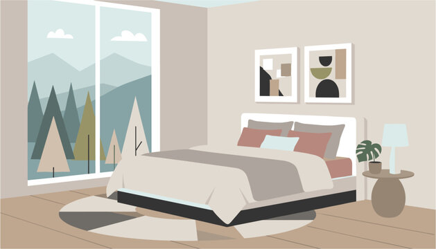 Modern minimalist bedroom with large bed and nature-themed wall art
