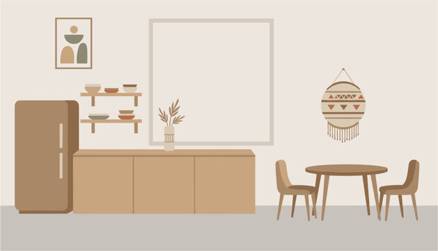 Modern minimalist dining area with wooden table and chairs in cozy kitchen