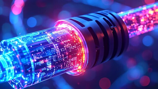 Closeup of Illuminated Fiber Optic Cable with Colorful Lights.