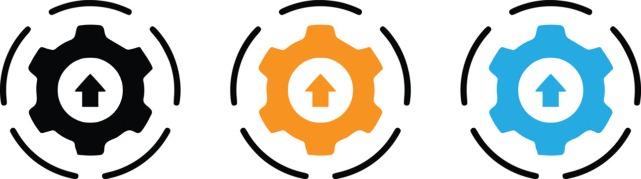 Gear icon set with up arrow, concept of system update, software upgrade, technical progress, and configuration upload vector illustration.