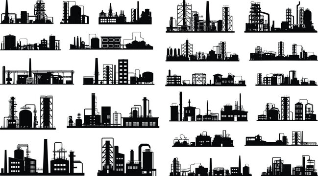 Industrial factory silhouettes, manufacturing plant collection, refinery and power station graphics, industry skyline set, engineering structures illustration pack