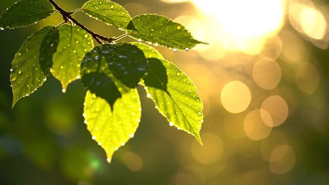 Close-up of lush green leaves on a thin branch covered in glistening water droplets, back-lit by warm golden sunset light with soft circular bokeh and natural lens flare.