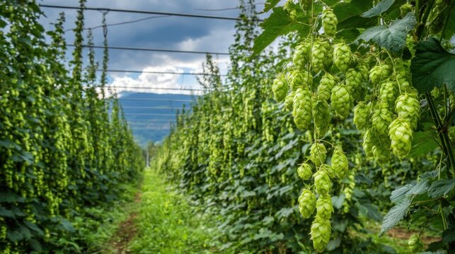 Green hop cones growing on trellis wires in a hop farm field