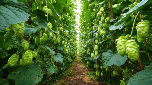 Lush green hop cones growing on tall vines in a hop yard