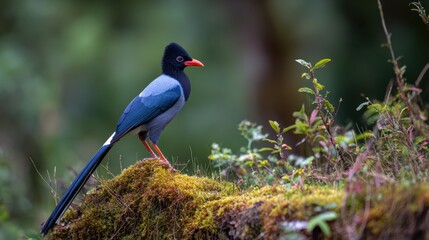 Fototapeta premium Red-billed blue magpie perched on mossy rock in forest
