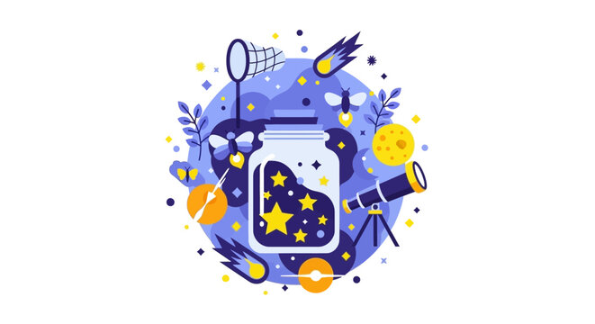 Magical Astronomy Vector Illustration featuring a Mason Jar filled with Stars, Telescope, Comets, and Fireflies in a Whimsical Flat Design Style