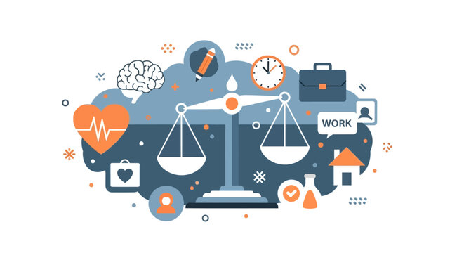Work Life Balance Vector Illustration with Scale, Heart, Brain, and Office Icons for Professional Wellness and Time Management Concept