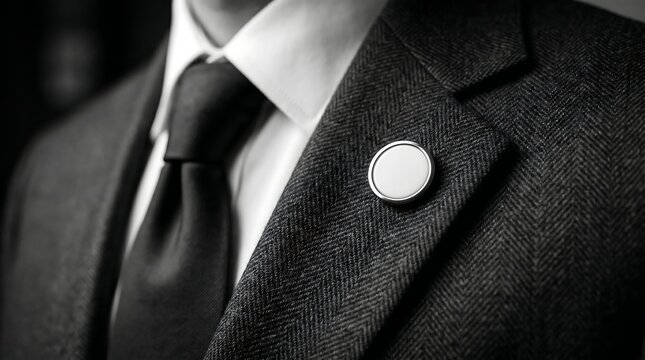 Close-up of Blank Round Silver Badge Pin Mockup on Luxury Dark Tweed Suit Jacket Lapel with Black Tie and White Shirt, Professional Business Attire in Elegant Black and White Cinematic Style