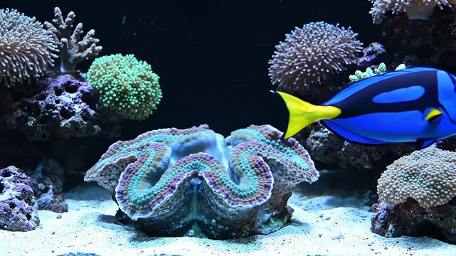 Blue tang fish swims near coral reef.