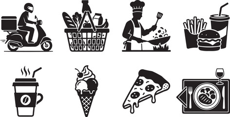Food, drink, and delivery icons, black vector set, 8 elements, for commercial use © 2025