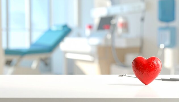 Red heart symbol on a medical office desk with blurred clinic background for World Donor Day, representing healthcare and organ donation awareness