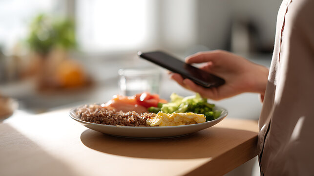 Healthy Meal Photography: Woman's Hand Holds Phone Over Nutritious Bowl with Quinoa, Greens, and Salmon, Capturing Culinary Moment