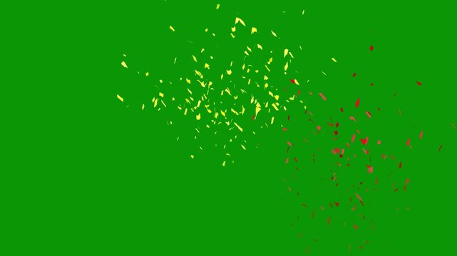 Falling festive confetti on green background. golden confetti slow motion overlay. Realistic golden glitter falling on isolated screen, festive holiday salute with alpha matte for cgi projects. 4k