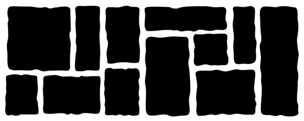 Doodle frames with uneven shapes, wavy irregular rectangles text boxes, squares with wavy rough edges, curved picture painting frameworks, organic forms, curvy uneven callouts, square quote frames