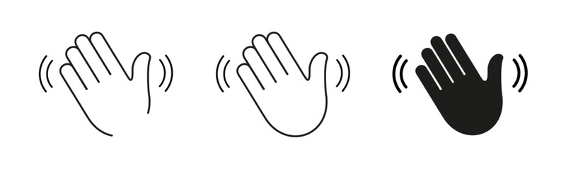 Waving hand icons set in various style, emoji greeting, paying attention © dlyastokiv