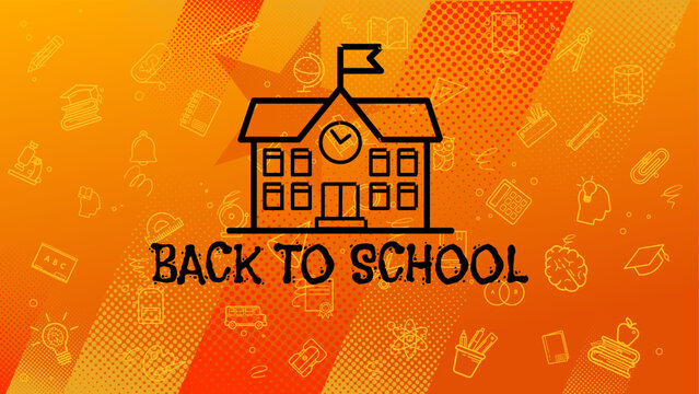 Back to school banner template, orange background with school building and education symbols