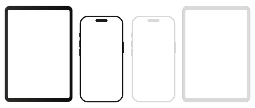 Black and white models smartphone and tablet, mobile phone with empty screen, smartphone mockup front view, mobile phone, ui, ux