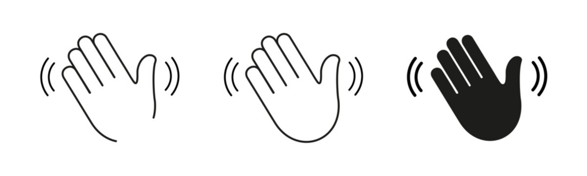 Waving hand icons set in various style, emoji greeting, paying attention