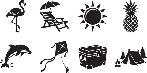 Summer vacation icons, beach symbols, tropical travel set, 8 black silhouette graphics © 2025