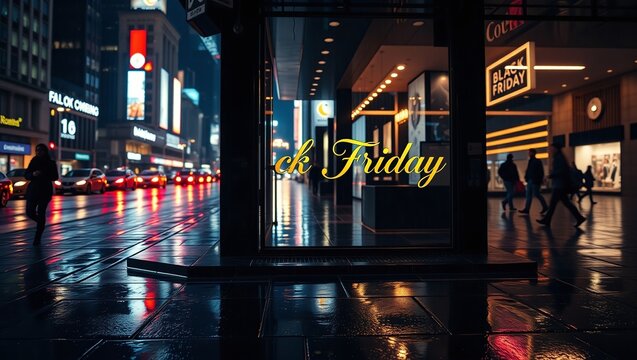 Black Friday Signage on City Shop Window at Night with Rain Reflection on Street