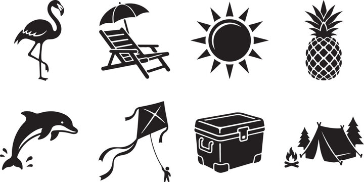 Summer vacation icons, beach symbols, tropical travel set, 8 black silhouette graphics