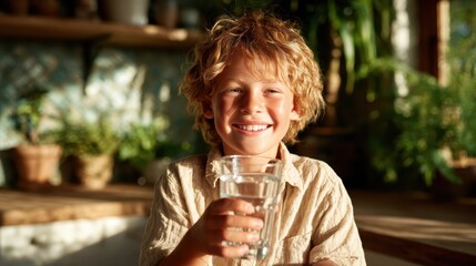 Fototapeta premium A joyful young boy smiles brightly while holding a glass of water, symbolizing happiness, health, and the pure essence of youthful innocence in a natural, bright setting.