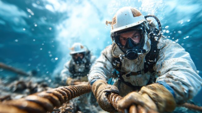 Two skilled underwater divers are seen working diligently with heavy equipment, showcasing the challenges and intricacies of underwater exploration and marine work.