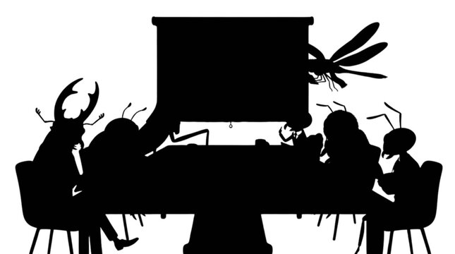 Black silhouette of insects in a meeting isolated on transparent background, Vector