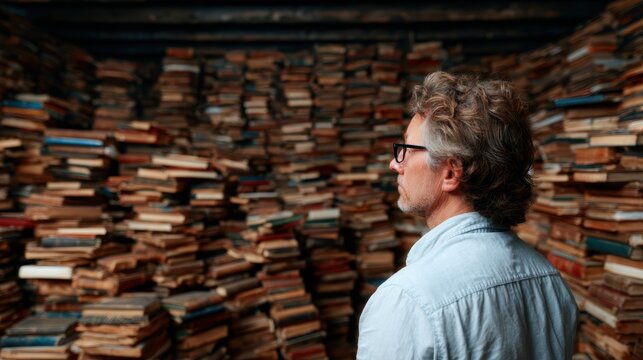 This captivating image depicts a man standing amid an overwhelming number of books, symbolizing knowledge, wisdom, and the joy of discovery in a vast library-like space.