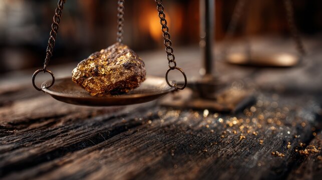 This mesmerizing image showcases a piece of gold resting on a vintage scale, illustrating the relationships between value and weight, captured in an atmospheric setting full of allure.