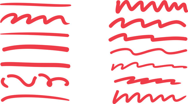 Set of red hand drawn scribble lines and underline strokes on a white background, for annotation