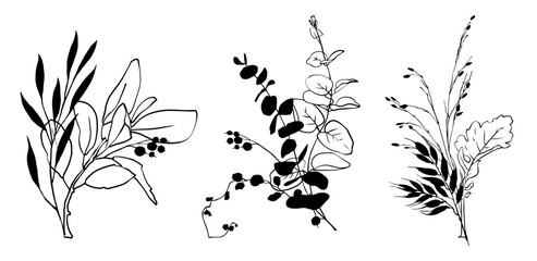 Fototapeta premium Black and white vector floral bouquets, wildflowers eucalyptus silhouette, for stickers plotter design cards wall art scrapbooking