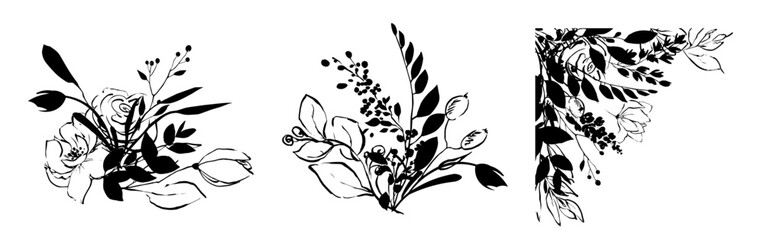 Black and white vector floral bouquets, wildflowers eucalyptus silhouette, for stickers plotter design cards wall art scrapbooking © Yevheniia Poli