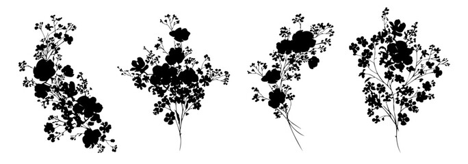 Fototapeta premium Black and white vector floral bouquets, wildflowers eucalyptus silhouette, for stickers plotter design cards wall art scrapbooking