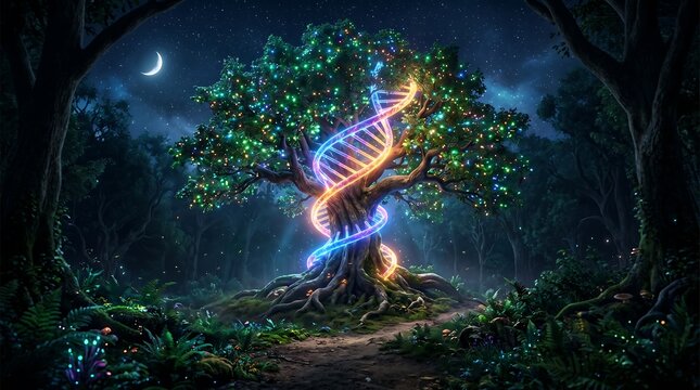 Tree of Life DNA Helix concept illustration representing genetic evolution, interconnected nature, and holistic wellness for science, biotechnology, or spiritual growth presentations.