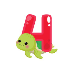 Naklejka premium Adorable Cartoon Turtle Peeking from Behind a Vibrant Red Number Four, a Playful Illustration for Children's Educational Content and Counting Concepts