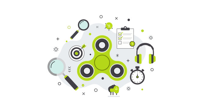 Fidget Spinner and Productivity Icons Flat Vector Illustration for Concentration, Time Management, ADHD Relief, and Task Efficiency