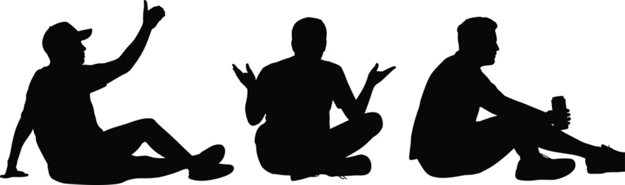 Silhouette men sitting on ground, casual poses collection, relaxed human posture set, outdoor resting figures, gesture expressions, people illustration