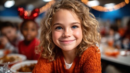 Fototapeta premium A delightful portrait of a young girl smiling brightly while enjoying a meal at a table, showcasing her joyful spirit in a lively, colorful dining environment.
