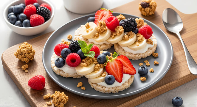 Healthy rice cakes with fresh berries and granola.