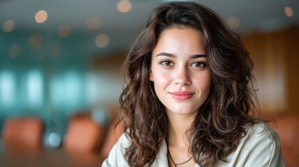 Fototapeta premium This image features a young woman with captivating curly hair, exuding confidence and charm, captured in a softly lit environment with a professional atmosphere.