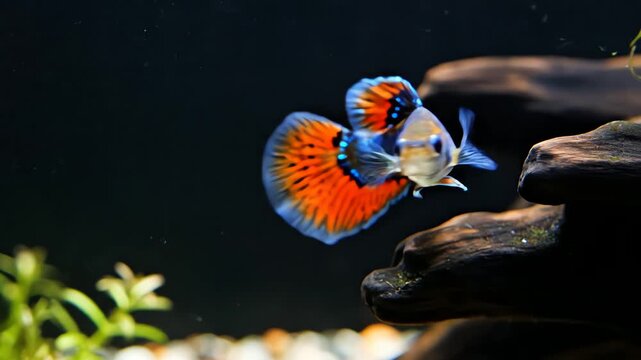 Colorful guppy fish swimming in aquarium.