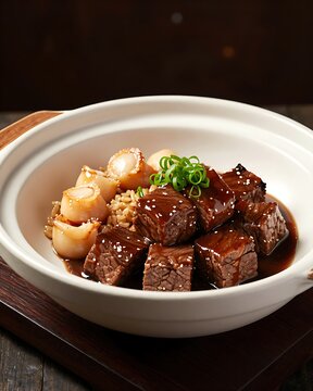 Traditional beef and conpoy clay pot with scallops and green onions