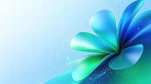 Abstract stylized flower with gradient blue and green glossy petals on soft light grid background with sparkling glitter showing modern nature inspired design