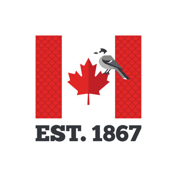 Canadian flag design with a maple leaf and a gray jay bird
