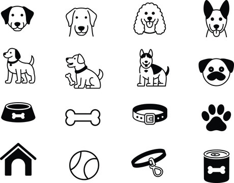 Set of black and white dog including breeds, paw print, bone, and kennel on white background