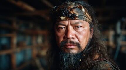 Obraz premium A mountain man with a rugged appearance and a striking gaze captures the essence of resilience and strength, showcasing traditional cultural heritage and raw emotions.