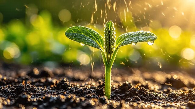 Macro view of a young green seedling with morning dew droplets growing from moist dark soil, illuminated by golden sunlight flare with a soft blurred natural background.