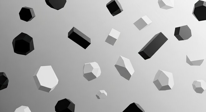 Abstract black and white geometric shapes floating in space