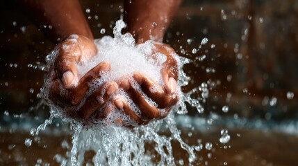 Fototapeta premium Hands cupped together capture water splashes and soap bubbles, illustrating the refreshing and playful essence of cleanliness and joy often associated with nature and play.